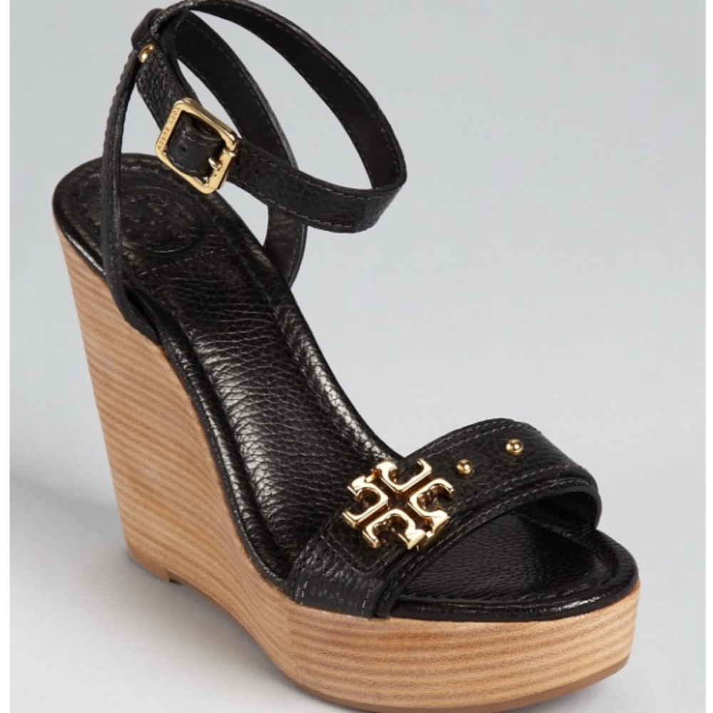 Tory Burch Black and Gold Wedge Sandals